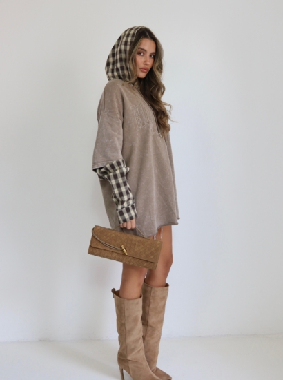 חולצה קפוצון דפוס שרוול משבצות