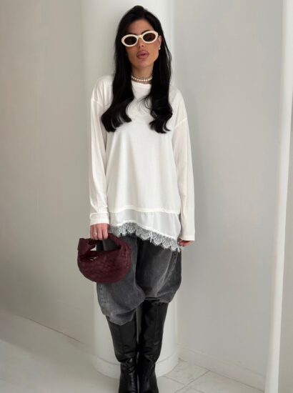 חולצה שילוב סאטן תחרה 9953