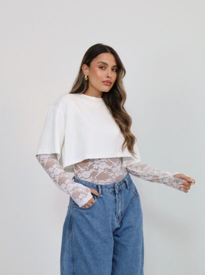 בגד גוף משולב קרופ תחרה